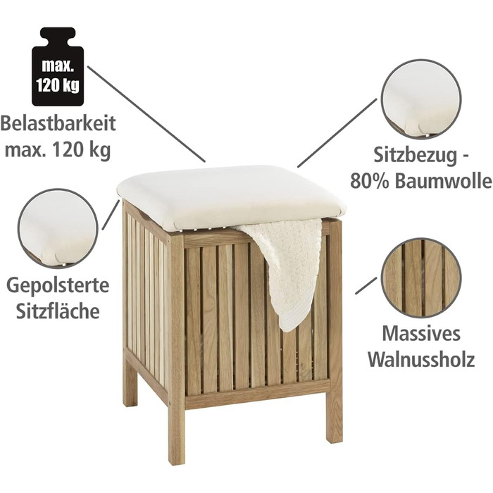 WENKO Badhocker Norway with Laundry Hamper, Storage Bench with Upholstered and Flip-Up Seat as Lid, Solid Walnut Wood, Oiled, Capacity 65 L, (W x H x D): 39 x 52 x 39 cm, Natural