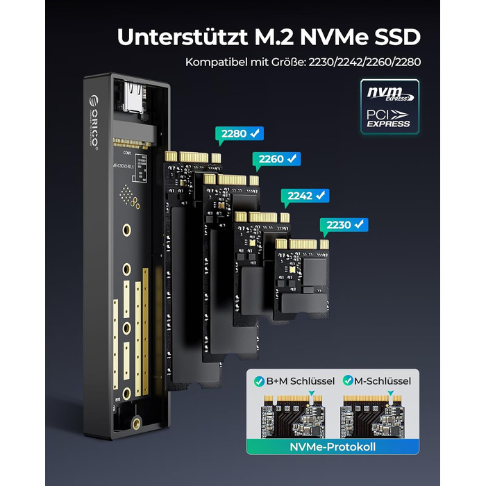 Зовнішній корпус (кейс) ORICO M.2 NVMe SSD USB-C 3.2 Gen2 10Gbps для PCIe M-Key/M+B Key (2230/2242/2260/2280), з підтримкою UASP