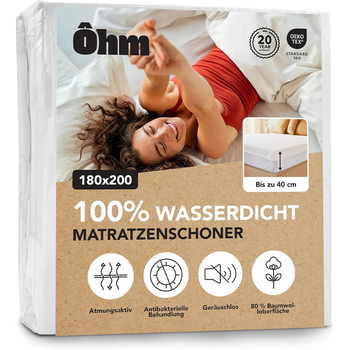 Mattress Protector 180 x 200 cm | Mattress Topper | Waterproof & Silent | Hypoallergenic & Absorbent Cotton | Anti-Mite | All-Around 40 cm | Oeko-TEX | Ôhm