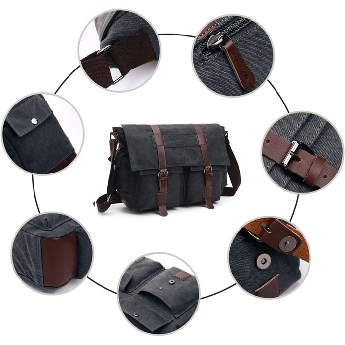 Чоловіча сумка через плече LOSMILE 16 дюймів, канвас, для ноутбука, месенджер для роботи та навчання, чорна