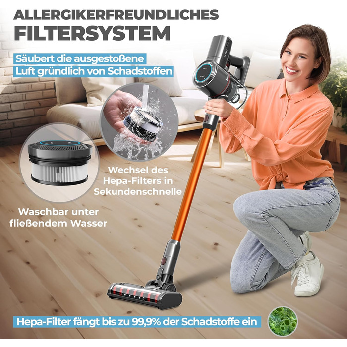 Акумуляторний пилосос KLAMER 2-в-1: вертикальний та ручний, час роботи до 45 хв, HEPA-фільтр для килима, авто та твердих поверхонь, сірий/помаранчевий, 2 акумулятори (по 45 хв)