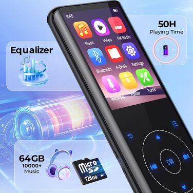 MP3 плеєр 64GB Bluetooth 5.3 HiFi без втрат, металевий корпус, вбудований динамік HD, сенсорне управління, диктофон для спорту (Чорний)