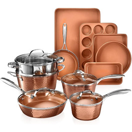 Набір посуду Gotham Steel Hammered Copper Collection — 15 предметів: сковорідки, каструлі, форми для випічки з антипригарним покриттям