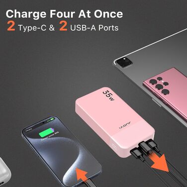 Power Bank JUOVI J2651, 20000mAh, 35W, USB-C, QC3.0+PD3.0, Рожевий
