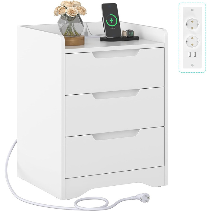 Комплект чорних приліжкових тумб з LED-підсвіткою та USB-зарядкою Brinlawb, з шухлядами, для спальні та вітальні, 1 біла + 3 шухляди