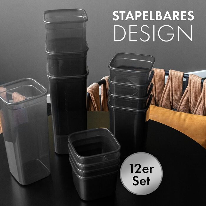 Герметичні контейнери для зберігання з кришкою [набір 12 шт] – Складні та економні контейнери для кухні – Ідеально підходять для борошна, макаронів, мюслі та іншого – Набір контейнерів для продуктів у антрацитовому кольорі