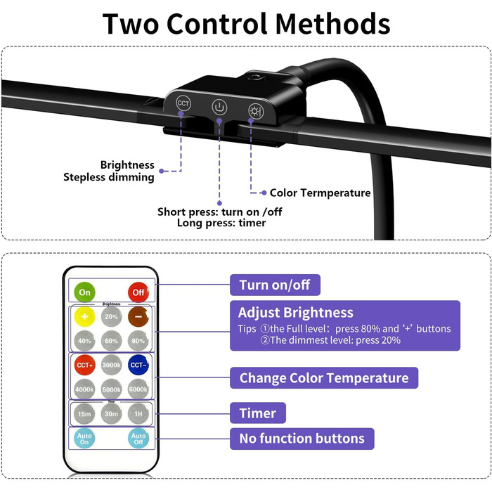 LED лампа для столу з двома головками, регульована яскравість, з пультом дистанційного керування, захист очей, для офісу та дому, денне світло, чорний