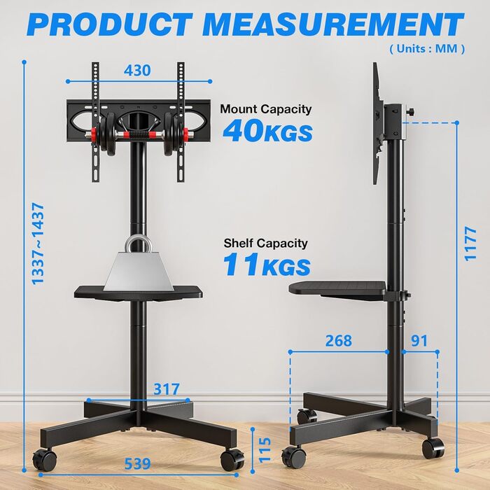 Rolling TV Stand with Wheels - Adjustable Height Mobile TV Trolley for 27-60 inch TVs, VESA 400x400, 40kg Max Weight, White (Black)