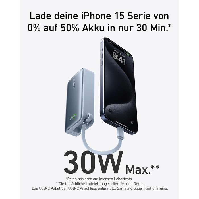 Powerbank Anker Nano 10000mAh з USB-C кабелем, 30W PD, 1xUSB-C, 1xUSB-A. Сумісний з iPhone, MacBook, Galaxy, iPad, AirPods та іншими пристроями (Блакитний)