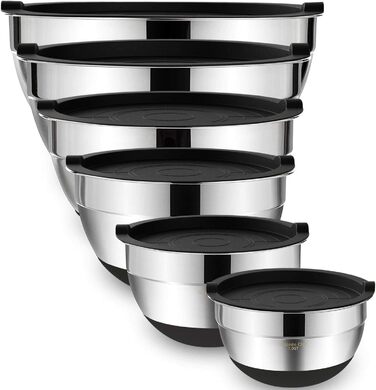 Umiten Mixing Bowls with Airtight Lids, 6-Piece Stainless Steel Metal Bowls Chef, Measuring Markings Durable Quality Size 7, 3.5, 2.5, 2.0, 1.5, 1QT, ideal for Mixing and Serving (Black)