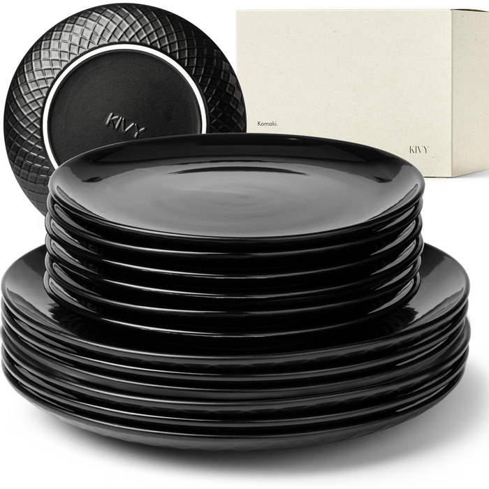 KIVY Dinnerware Set for 6 People [Scratch & Dishwasher Safe] 6x27cm + 6x22cm - Plate Set 12-Piece Modern - Dinnerware Set - Combination Service - Black Dinnerware Set - Black Plate Set - Matte Black Plates