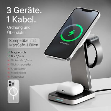 Зарядний пристрій 3-в-1 MagSafe Tegler – з високоякісного алюмінію – бездротова зарядка для iPhone, Apple Watch та AirPods, складаний, зарядний стан для Apple Watch та iPhone, з адаптером 20W та USB-C кабелем, чорний