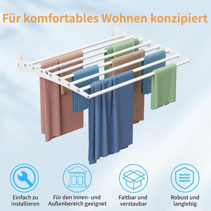 Настінна сушилка для білизни Innotic, розкладний вологостійкий сушильник для одягу з 8 стійок, великий, економний, для вулиці, ванної, балкону, білизни (білий, 60 см)