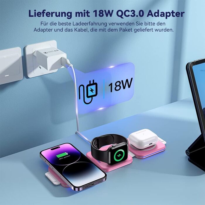 3-в-1 Бездротова зарядка для Apple Watch та iPhone (Рожева)