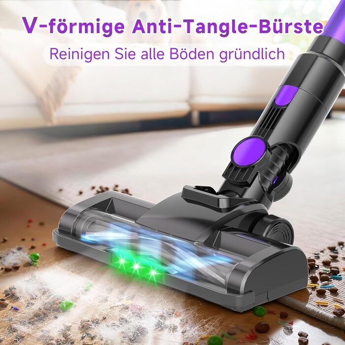Бездротовий акумуляторний пилосос Hearten 4-в-1 з LED дисплеєм та антизаплутувальною насадкою, сенсорне управління, для видалення шерсті тварин, килимів та твердих поверхонь (фіолетовий)