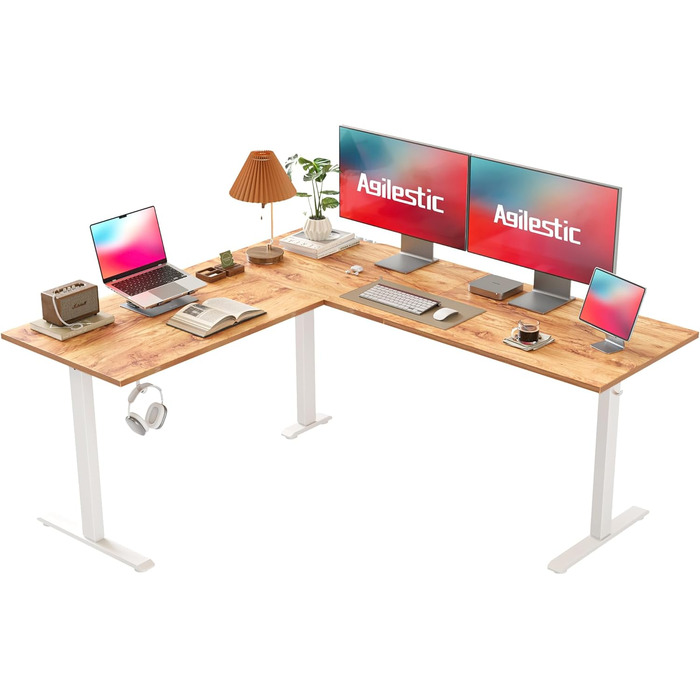 Agilestic L-подібний електричний стіл для роботи стоячи з 2 шухлядами, 160 см, ергономічний регульований по висоті письмовий стіл з місцем для зберігання, кутовий стіл для домашнього офісу, рустикальний коричневий, 160x140 см
