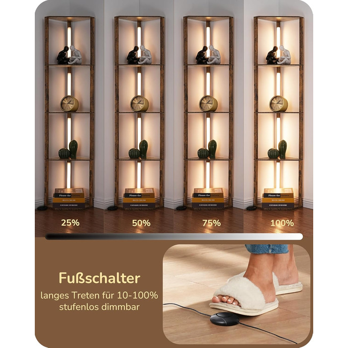 LED торшер EDISHINE з 4 дерев'яними полицями, регульоване освітлення, 3 колірні температури, поворотний світловий стержень, підсвічування полиць, футовий вимикач, вінтажний коричневий