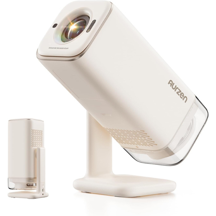 Smart проєктор Aurzen Boom Air Mini Beamer з Google TV та Netflix, 4K, USB-C, Dolby Audio, WiFi, Bluetooth, TOF автофокус, обертовий стійкий, кремовий