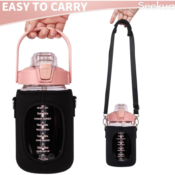 2l Glass Bottle | Drinking Bottle Glass with Straw & Time Marking, Leak-Proof 2 Liter Large Glass Water Bottle for Smoothies, Carbonated Drinks Suitable, Dishwasher Safe (Pink, 1000 ml)