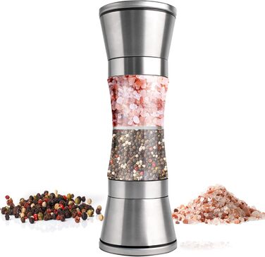 Мельниця для солі та перцю 2-в-1 Cyiecw, ручна, з регульованою керамічною млиночкою, з можливістю поповнення, нержавіюча сталь, срібна
