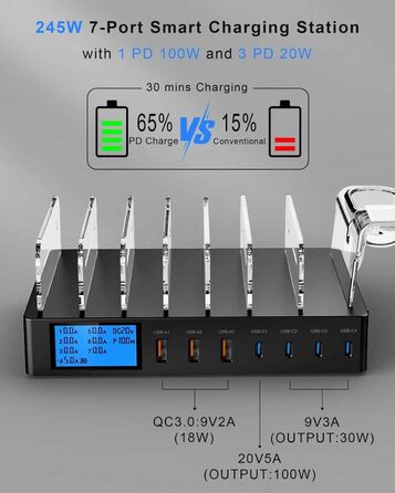 Зарядна станція 245W для декількох пристроїв, 7 портів USB, LCD-дисплей, кабель 7 шт. + тримач для iWatch, для iPhone, планшетів та іншої електроніки - чорна