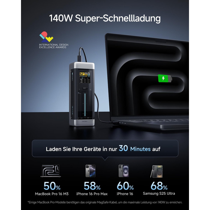 Power Bank CUKTECH 20: 25000mAh, 140W, PD3.1, 3 порти, цифровий дисплей, для ноутбуків, MacBook, Xiaomi, Galaxy, iPhone