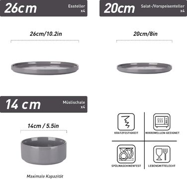 Набір посуду Nebula для 4 осіб (12 предметів): тарілки та миски, керамічний набір, тарілки для сервірування столу, безпечний у мікрохвильовці та посудомийній машині, темно-сірий колір
