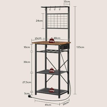 Стельова полиця з розетками, підлогова полиця, полиця пекаря, 35 x 48 x 135 см, 4 гачки S-подібної форми, станція для кавової бару з тримачем для пляшок та гачками, вінтажний коричневий та чорний колір ABRHR23UE01