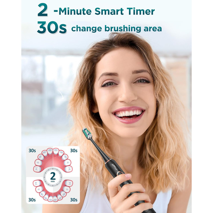 Електрична звукова зубна щітка для дорослих з 8 насадками та кейсом для подорожей, 5 режимів, водонепроникна IPX7, до 90 днів роботи від акумулятора, чорна (1 шт)