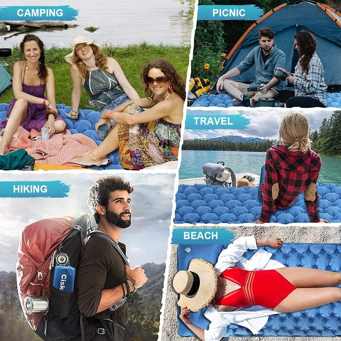 Килимок туристичний самонадувний Ciskotu 8 см з подушкою для кемпінгу, пікніків та подорожей (синьо-сірий)