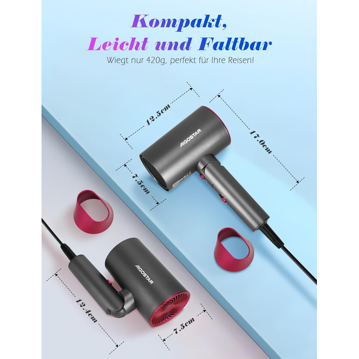 Aigostar Фен для подорожей 2100W з складною ручкою, сірий, з захистом від перегріву, з сумкою
