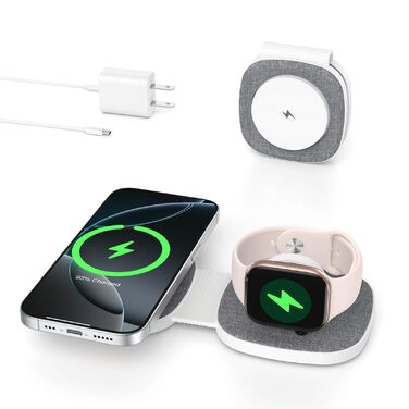 Зарядна станція 2-в-1 для Apple Watch та iPhone MagSafe (20W, сіра) - сумісна з iPhone 17e/Air/17/16/15/14/13/12 та Apple Watch Series 11/10/9/8/7/6/5/4/3/2/SE/Ultra, AirPods