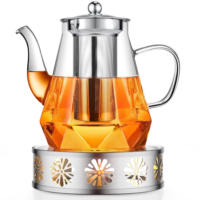 Скляний чайник STNTUS з підігрівачем та ситечком для листового чаю, 1.2 л, нержавіюча сталь