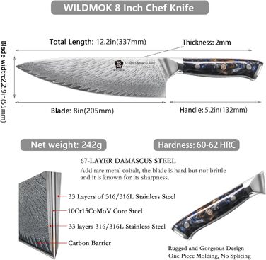 Японський ніж WILDMOK Santoku 20см з дамаської сталі, VG10, ручка з композитного матеріалу, ніж для кухні