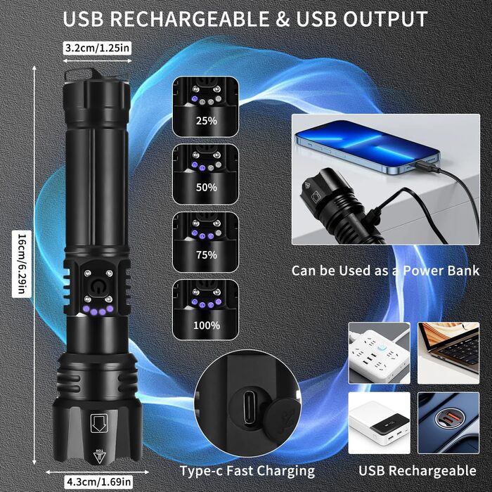 LED ліхтарик на акумуляторі, надзвичайно яскравий 1200000 люмен, з функцією зуму, тактичний, з 5 режимами, водонепроникний IP67, для кемпінгу, риболовлі, туризму, активного відпочинку та надзвичайних ситуацій (P70-kit)