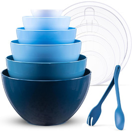 Набір великих пластикових мисок Luxear 0,2–6,5 л з кришками, 6 штук, BPA-free, для салату та змішування, з виделками і ложкою, штабельовані миски для кухні