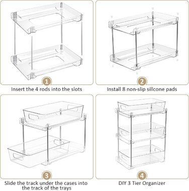 Cinnani 2 Pack 2-Tier Under Sink Shelf, Kitchen Cabinet, Refrigerator, Under Cabinet Organizer, Multifunctional Acrylic with Sliding Drawer Kitchen Shelf for Food Storage Containers, Spice Rack, Cosmetics