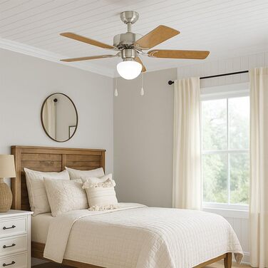 Стеляний вентилятор EGLO CADIZ з 5 лопатями, світлом, ланцюжком, лопаті з МДФ (срібло/дуб), корпус зі сталі (нікель-мат), літньо-зимовий режим, AC двигун, діаметр 106.6 см