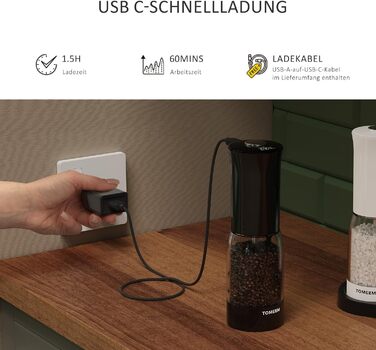 Електричні перечниці та соліниці TOMEEM 2 шт. (LED-дисплей, USB, регулювання помелу, керамічний механізм, 125 мл)