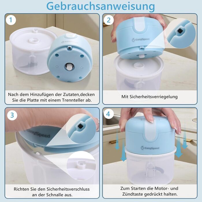 Електричний міні-подрібнювач EasySpeed Zerkleinerer: 250 мл, для м'яса, овочів, дитячого харчування, кемпінгу, USB-C зарядка, білий