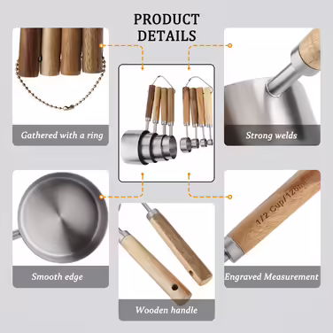 Stainless Steel Measuring Cup and Spoon Set - Measuring Cups and Spoons with Wooden Handle for Dry and Liquid Ingredients
