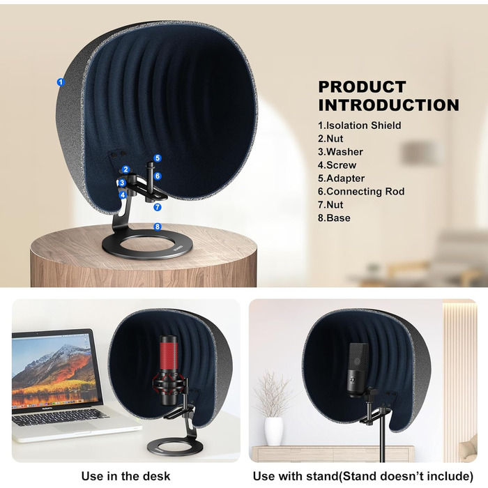 Акустичний ізоляційний екран для мікрофона AOKEO, поп-фільтр та звукопоглинаючий щит, регульований