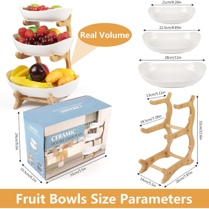 Багатоярусна фруктова миска з кераміки для кухні, 3 яруси, з дерев'яними підставками, для овочів, фруктів, снеків, декор