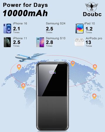 Power Bank 10000mAh 22.5W з PD USB-C: Швидка зарядка для iPhone, Samsung та Huawei (Чорний)