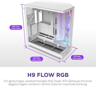 NZXT H9 Flow 2025: Корпус ПК Mid-Tower з покращеною вентиляцією, велика двокамерна конструкція, 3 x 140мм та 1 x 120мм вентилятори, підтримка радіатора 420мм, загартоване скло, підтримка Back-Connect, RGB підсвітка