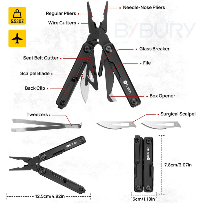 Мультитул BIBURY 10-в-1 з прихованими пінцетом, розбивачем скла, гурткорізом - для кемпінгу, риболовлі, туризму. Ідеальний подарунок для жінок та чоловіків.