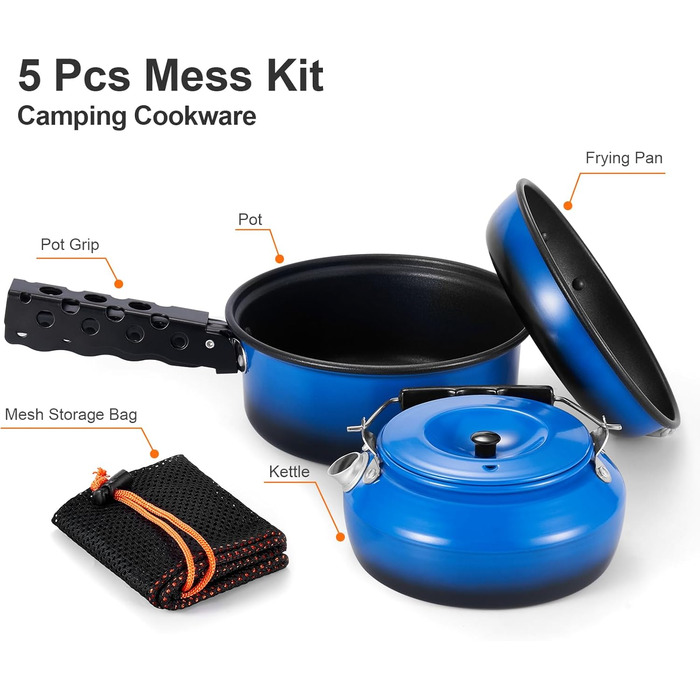 Odoland 5-Piece Camping Cookware Set - Nonstick Lightweight Pot Pan Kettle with Detachable Handle - Backpacking, Camping, Hiking & Picnic Cookware Set