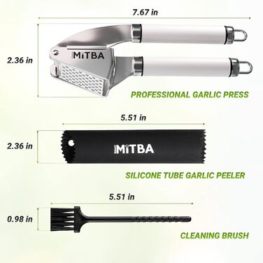 MiTBA Garlic Press Set with Non-Slip Grips - Includes Silicone Tube Peeler & Cleaning Brush