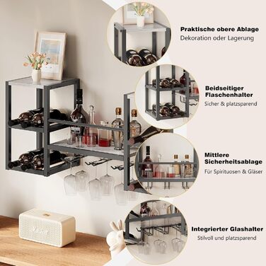 Настінна вітрина для вина VEDECASA на 3 яруси з 6 тримачами для келихів, сіра