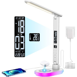 Настільна лампа CCHKFEI з регулюванням, годинником, LED-дисплеєм, бездротовим зарядним пристроєм 10W та USB-портом, 3 режими кольору, датчиком температури та RGB-підсвічуванням для читання, дому та офісу